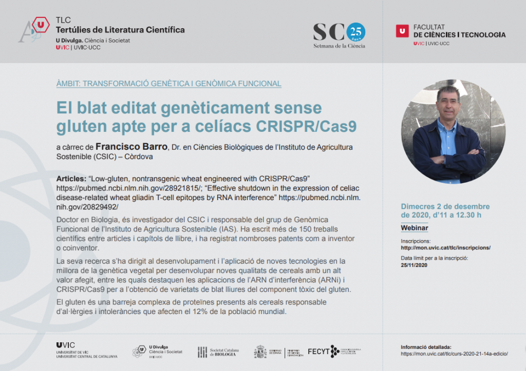 Webinar TLC. El blat editat genèticament sense gluten apte per a celíacs CRISPR/Cas9